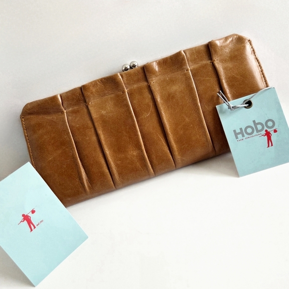 HOBO Handbags - HOBO New Distressed Ruched Leather Tan/Brown Wallet Kisslock Clutch Phone Pocket